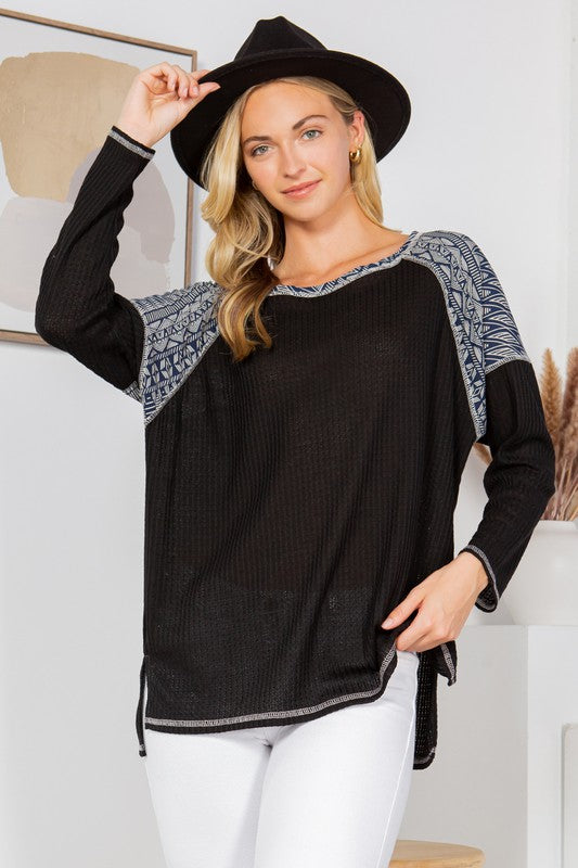 Print Contrast Waffle Top